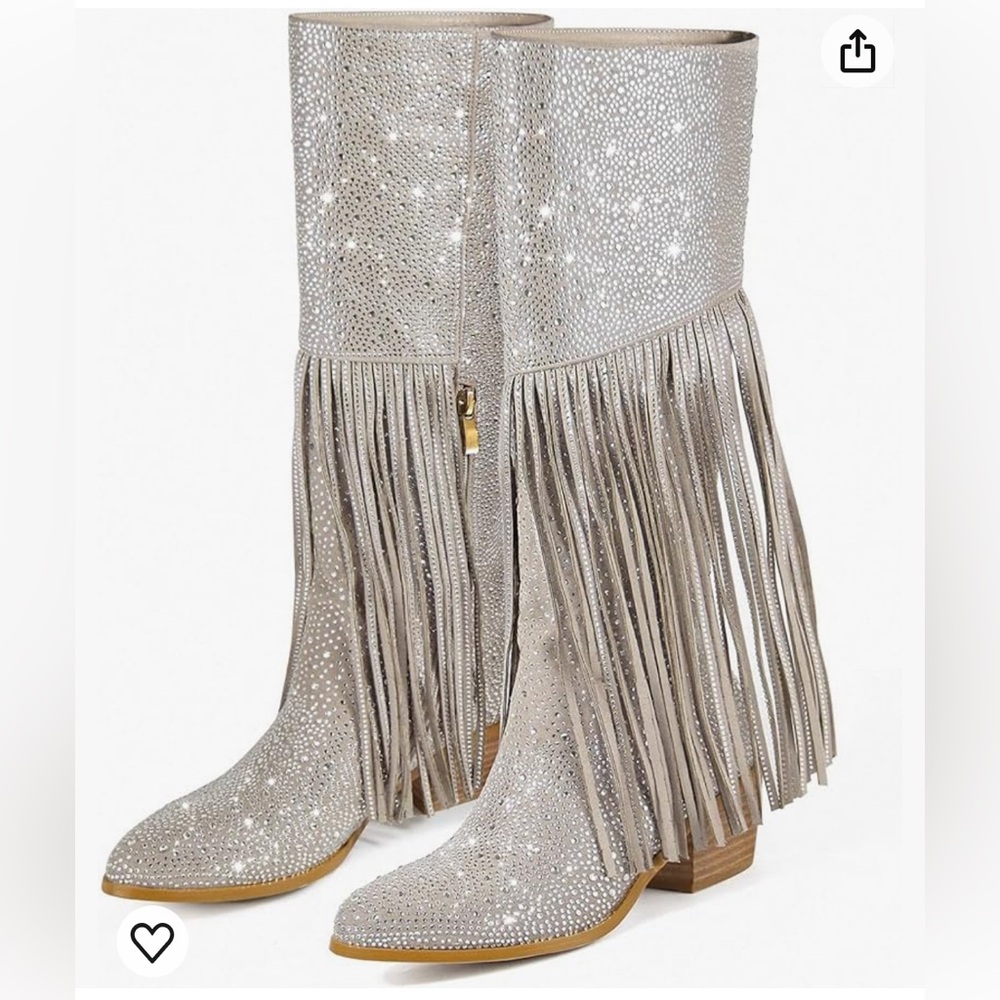 Tassel Sparkle Cowgirl Western Boots Stacked Block Chunky Heel with Half Zipper